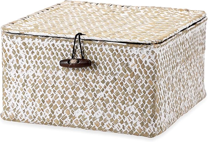 Hipiwe Handwoven Seagrass Basket with Lid Square Wicker Basket Storage Bin | Multipurpose Baskets Organizer Closet Storage Baskets Box Household Container for Home Decor, Small Whitewash
