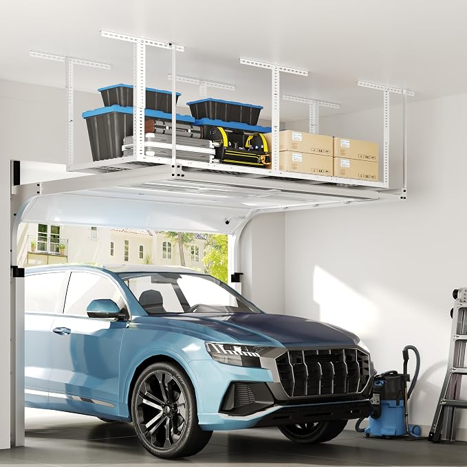 FLEXIMOUNTS 3x8 Overhead Garage Ceiling Storage Rack, Adjustable Garage Organization System, Heavy Duty Metal, 750lbs Weight Capacity, White, Classic Series