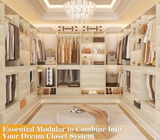 Homieasy Closet System Organizer with 3 Drawers and Partition Storage, Freestanding Wardrobe Organizer Modular with Shoe Shelf, Expandable for Walk-in or Reach-in Closets, White Oak