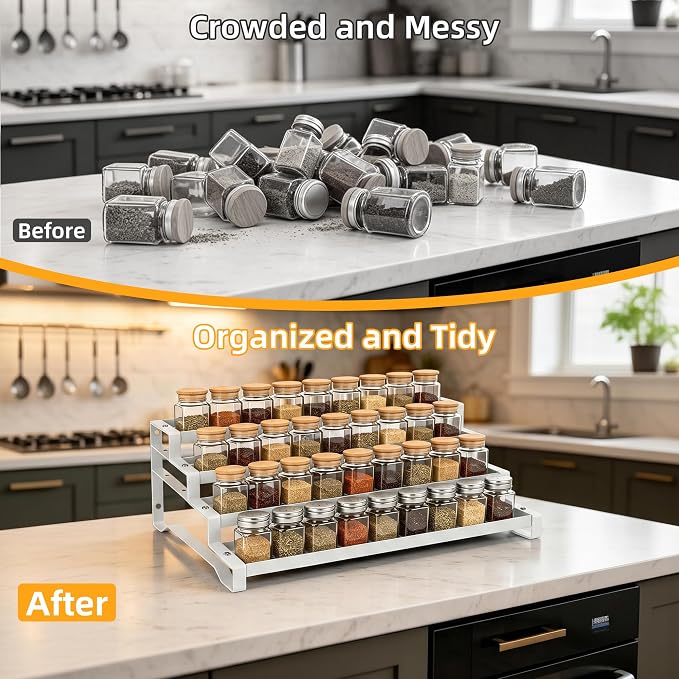 Spice Rack Organizer for Cabinet, 13-21.5" Expandable Spicy Shelf | 11.6" Wide 4-Tier White Metal Seasoning Organizer, Kitchen Spice Organization, Slip-Resistant Guardrails for Jars and Cans