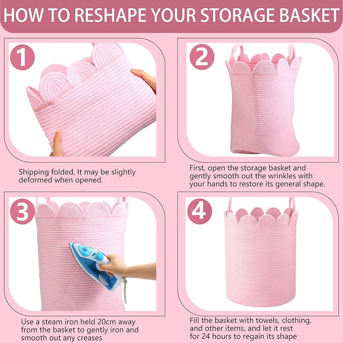 LemonRoad Pink Round Tall Basket Large Blanket Basket 15" x 20" Scalloped Woven Baskets Cotton Storage Baskets for Nursery Classroom Closet Blankets Storage Home Decor