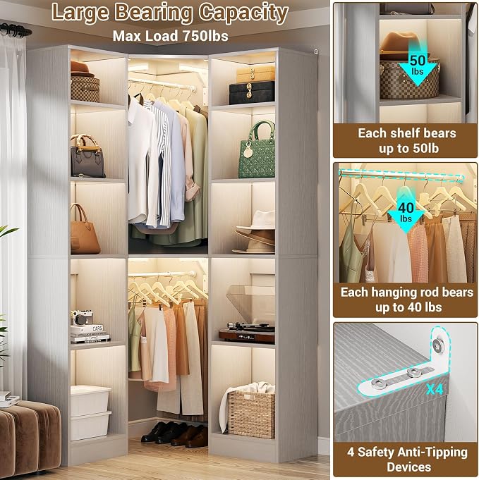 Besiost Corner Closet System with 12 Shelves, 39.2" Corner Organizer | L Shaped Closet with 2 Hanging Rods, Versatile 6-Tier Walk-in Closets for Corner Space, Grey (39.2" L x 39.2" W x 80" H)