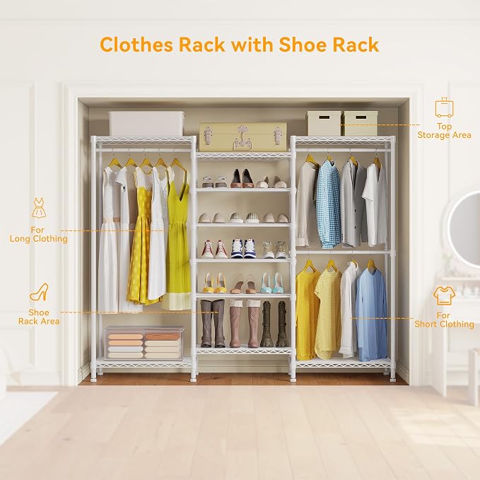 Higeego H12 Heavy Duty Clothes Rack, White | Freestanding Clothing Rack with 10 Adjustable Shelves, Shoe Rack, 3 Hanging Rods, 15.7" D x 68.7" W x 76.4" H