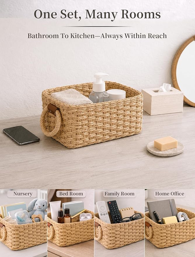 Small Wicker Baskets, 3 PCS Paper Rope Baskets for Shelves, Brown | Recycled Small Baskets, 3 Sizes Woven Baskets for Organizing, Decorative Storage Baskets for Bedroom and Bathroom