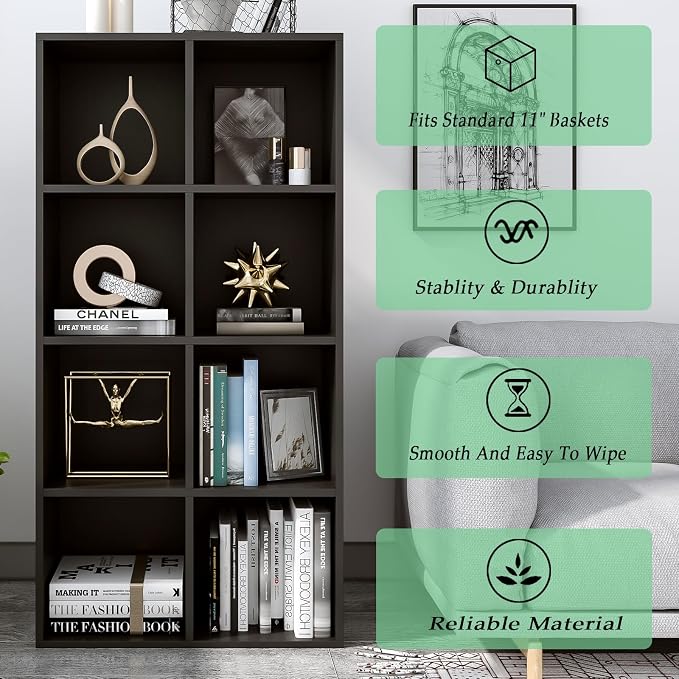OSCHF 8-Cube Storage Shelf Bookcase, Black | Wooden 4-Tier Open Bookshelf, Fits 11×11" Bins, Vertical or Horizontal Use, Full Back Panels, For Home Office
