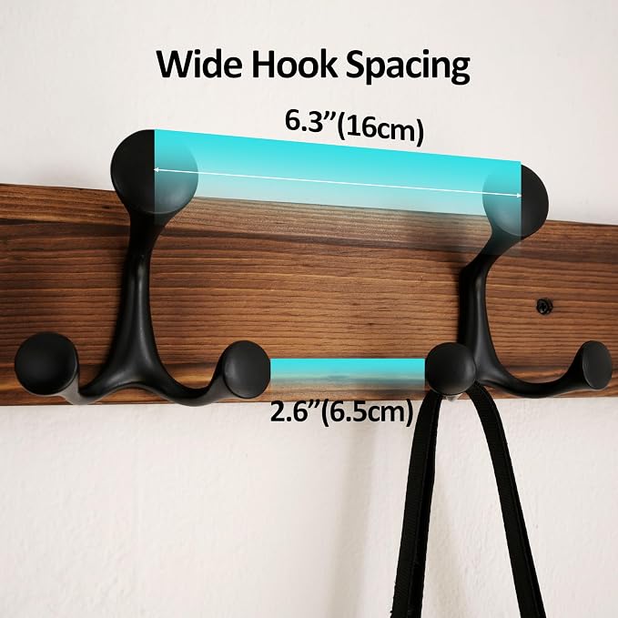 WEBI Coat Rack Wall Mount,17" Solid Wood Coat Hooks Wall Mounted Coat Hanger,16" Hole to Hole,Heavy Duty Hook Rack,3 Triple Hooks for Hanging Coats,Jacket,Hat,Backpack,Farmhouse,Brown