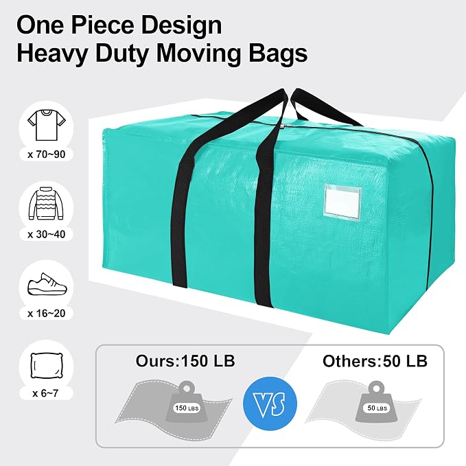 6 Pack Heavy Duty Extra Large Moving Bags W/Backpack Straps - Strong Handles & Zippers, Storage Totes For Space Saving, Fold Flat, Alternative to Box and Bin (40 gal, Aquamarine)