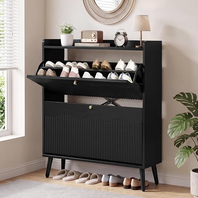 BERRYMERRY 31.5” Black Fluted Shoe Cabinet Storage with 2 Flip Drawers | narrow,entryway,adjustable feet,32 pairs shoe,shoe organize,hidden shoe rack,fluted panel,wave pattern,wood,space saving