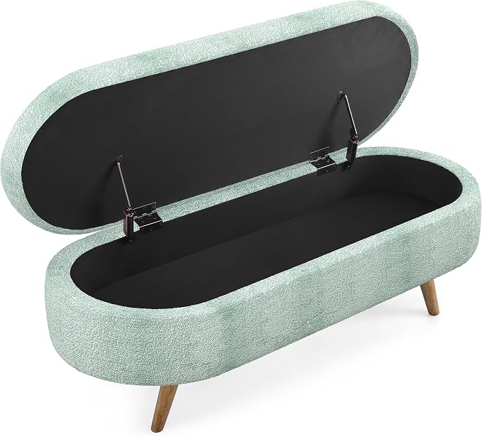 43.5” Storage Ottoman Bench，Upholstered Oval End of Bed Bench for Bedroom | Modern Linen Ottoman with Storage, Entryway Foot Rest with Wooden Legs, Lift-Top Lid with Safety Hinge, Living Room, Cyan
