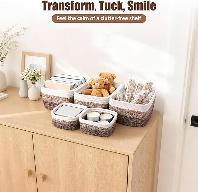 5-Pack Small Woven Rope Storage Baskets, 2 Sizes Organizer Bins | Fabric Cube Boxes and Rectangular Shallow Bins for Closet, Shelf, Bookshelf, Nursery, Changing Table, Bathroom, Toys & Home
