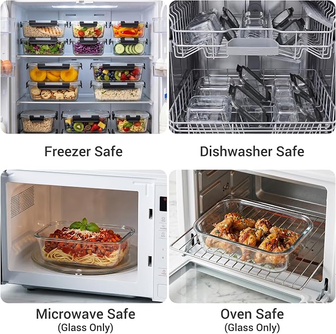 Dealusy 10 Sets (20-Piece) 36 oz & 12 oz Glass Food Storage Containers with lids, Airtight Leak-proof Glass Meal Prep Containers with Lids, Microwave Oven Freezer Dishwasher Safe, Black