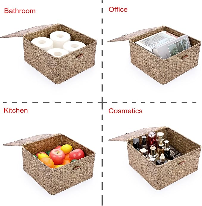Hipiwe Wicker Shelf Baskets Bin with Lid Handwoven Seagrass Storage Basket Container Square Multipurpose Household Basket Boxes for Shelves and Home Organizer, Coffee Large