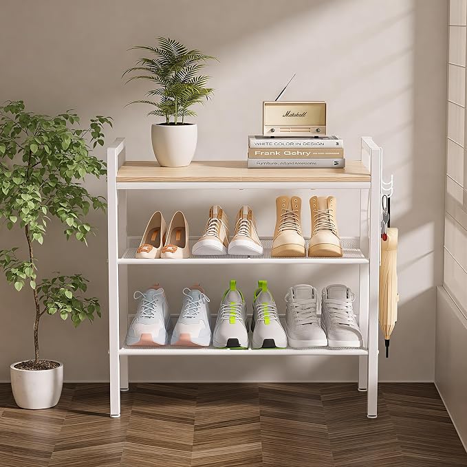 3 Tier Shoe Rack, Shoe Rack for Entryway with Hook, Shoe Organizer with Adjustable Mesh Shelves, Metal Shoe Storage, Closet, Bedroom Living Room Garage