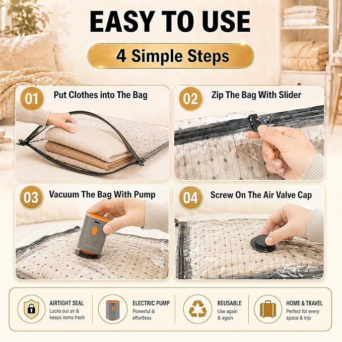 Vacuum Storage Bags Jumbo XXXL 8 Pack (37.5×49.2 In) with Electric Pump, Thick Space Saver Bags, Double Zipper Airtight Seal, Reusable Vacuum Compression Bags for Clothes, Bedding, Comforters Pillows