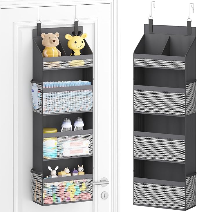 Lifewit 4 Tier Over the Door Diaper Organizer for Nursery, Large Heavy Duty Hanging Storage with 4 Mesh Side Pockets, Sturdy Back of Door Shelf for Baby Stuff Toy in Pantry, Laundry, Bathroom, Gray