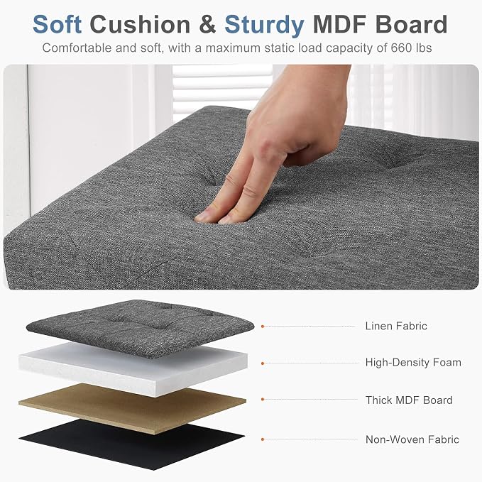 DUMOS 30 Inch Foldable Storage Ottoman Bench, Gray Ottoman with Storage | End of Bed Foot Stool with Foam Padded Seat, Linen Fabric Hidden Storage Chest for Bedroom, Living Room, Loads 660 LBS