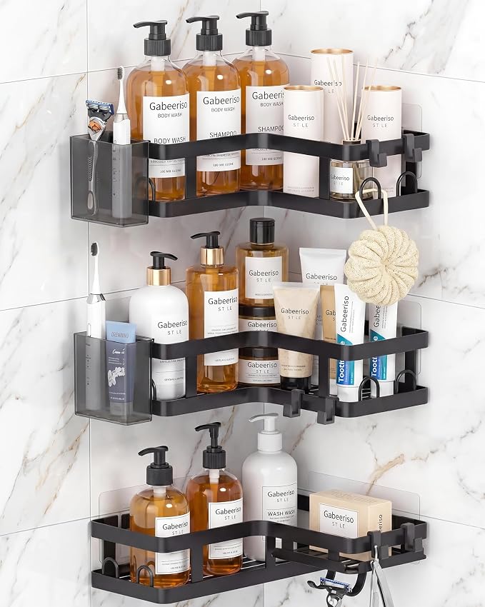 Corner Shower Caddy, 3 Pack Adhesive Shower Organizer Shelves | Rustproof Corner Shower Shelf with Hooks and Toothpaste Holder, No-Drill Adhesive Storage Rack for Bathroom and Kitchen