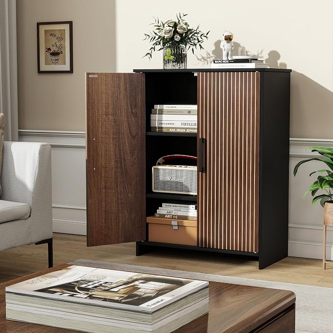 Bathroom Storage Cabinet, Floor Cabinet with 2 Fluted Doors and 2 Adjustable Shelves Wooden Freestanding Organizers and Storage, Black