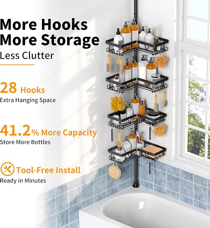 KEGII Corner Shower Caddy Tension Pole - Shower Tension Rod Organizer, Floor to Ceiling Shower Caddy 25-114.2 inch, Towel Rack Corner Waterproof, Black | 28 Hooks with Soap and Razor Holders, Heavy Duty 4-Tier Shelves for Family Bathtubs and Renters, A...