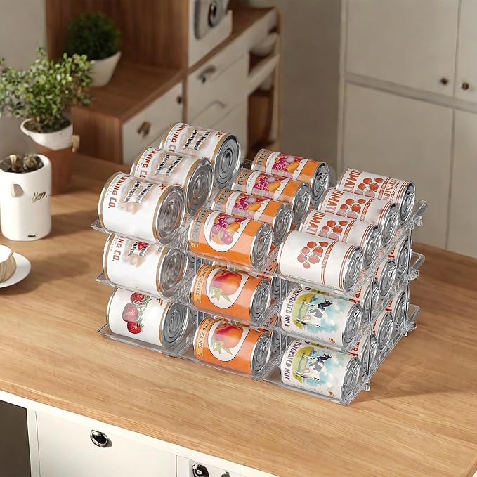 Can Organizer for Pantry, Stackable Food Pantry Storage Rack, 2 Tier | Automatic Rolling, Modular Storage, Clear Acrylic, Holds 24 Cans for Pantry, Cabinet & Fridge, Space Saving, Easy to Refill