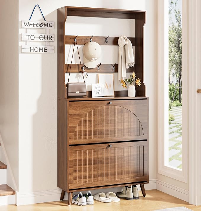 Fsbecl Shoe Cabinet for Entryway with 2 Flip Drawers & Coat Rack, Narrow Hidden Shoe Storage Cabinet with Fluted Panel, 2-in-1 Hall Tree Slim Freestanding Shoe Rack Organizer for Hallway