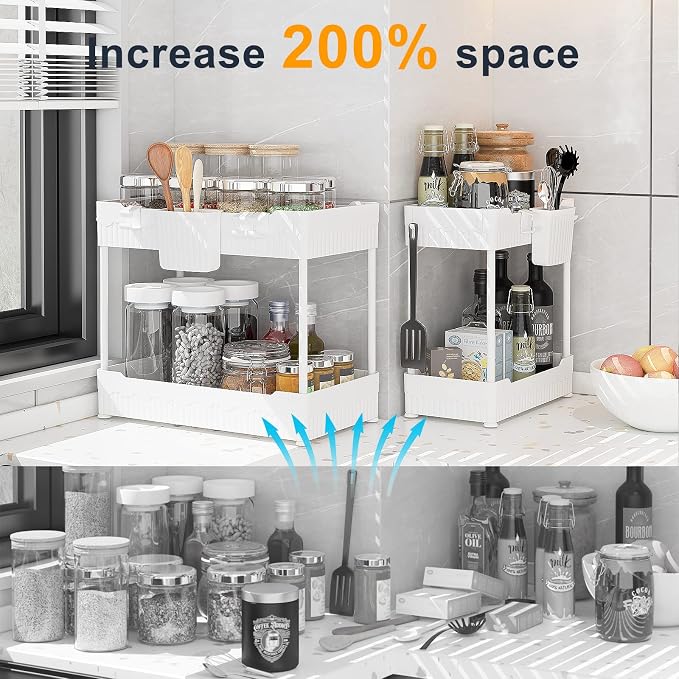 Sevenblue 2-Pack Under Sink Organizer with Hooks & Hanging Cup for Kitchen | Multi-use kitchen & bathroom storage, 14.8 inch white cabinet organizer, with hooks and hanging cup for easy access.