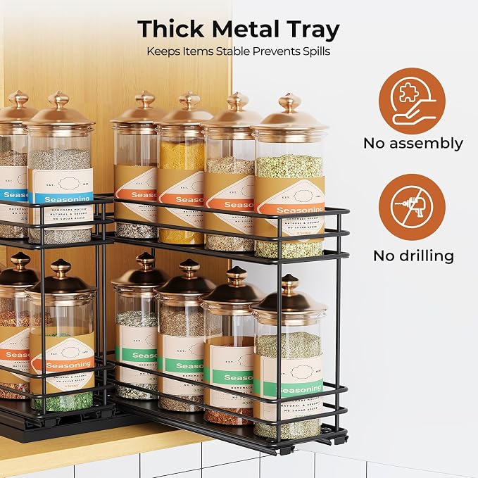 Mystozer Pull Out Spice Rack Organizer for Cabinet, Slide Out Spice Racks, Easy to Install, 7.08" Wx10.43 Dx8.26 H, 2 Drawers 2 Tiers(Black)