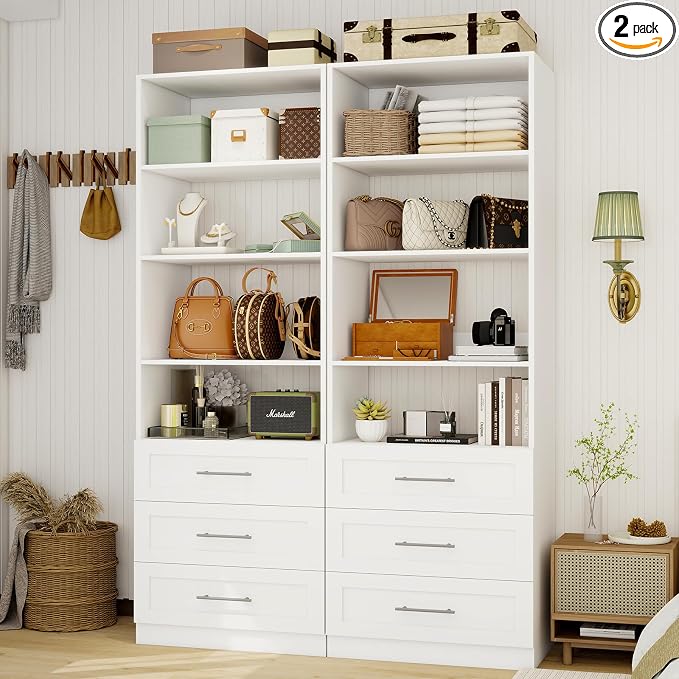 Closet System with 6 Drawers & 8 Shelves, Wood Closet Organizer System with 2 Extra Hanging Rod for Walk in Closet, Modular Closet Organizer System White(4FT)