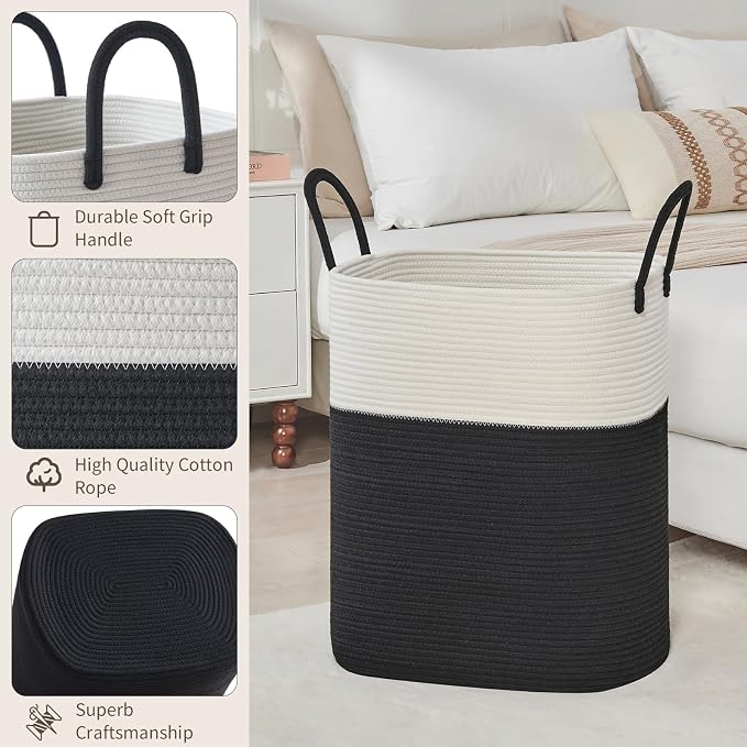 AINUOQI Laundry Basket with Handles - Blanket Basket & Hampers for Bedroom Aesthetic, Laundry Hamper & Blanket Storage for Living Room, Clothes Hamper, Tall, Large 17" x 14" x 25”, White & Black