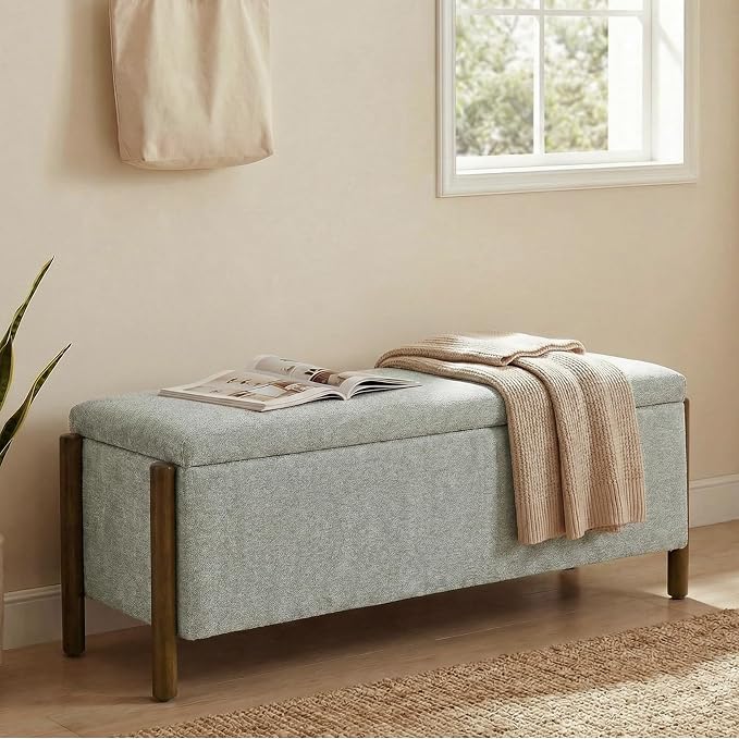 Usaint Wooden Storage Ottoman Bench, 47" Fabric Upholstered End of Storage Bench with Rubberwood Legs, Entryway Bench with Storage for Bedroom, Living Room, Reception, Cloakroom, Grey