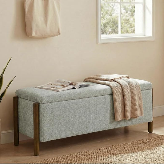 Usaint Wooden Storage Ottoman Bench, 47" Fabric Upholstered End of Storage Bench with Rubberwood Legs, Entryway Bench with Storage for Bedroom, Living Room, Reception, Cloakroom, Grey