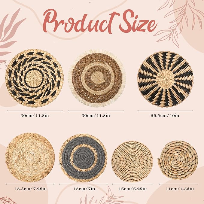 7 Pcs Boho Wall Basket Decor Decorative Hanging Woven Wall Basket Decor Round Farmhouse Hanging Baskets Handmade Woven Baskets Walls Decorative for Kitchen Rustic Home Summer Decorations