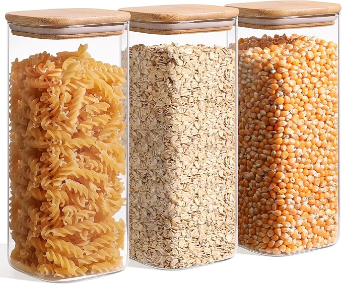 ComSaf Glass Storage Containers wtih Lids 1.9 Qt, Set of 3 Food Storage Jar | Pantry Storage Containers, Glass Jar, Square Canisters, Bamboo Lid with Silicone Seal, Cookie, Cereal, Coffee, 61oz, BPA Free