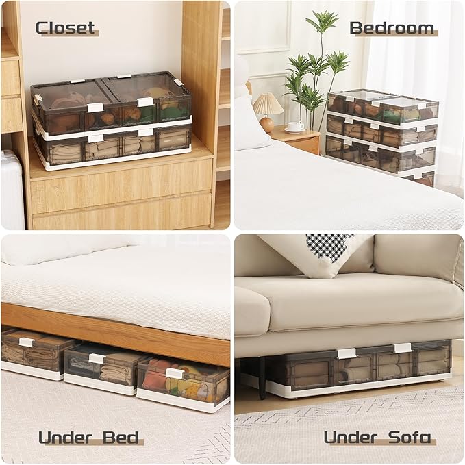 Under Bed Storage Containers with Wheels - Stackable, Foldable Plastic Storage Boxes with Lids for Clothes, Shoes, Blankets - Perfect for Bedroom Organization and Dorms (2 Pack-25.2''x16.5''x7.1'')