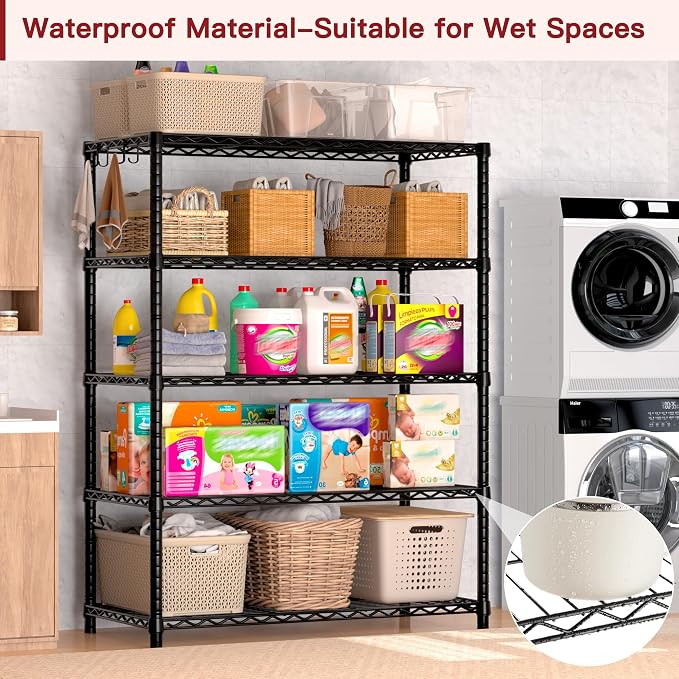 PrimeZone Wire Storage Shelves, 5-Tier Adjustable NSF Metal Shelving, 4 PCS | Alloy Steel Structure, 1250 LBS Capacity, Adjustable Leveling Feet, 4 Hooks, 35.5"W x 14"D x 72"H for Kitchen, Pantry, Closet