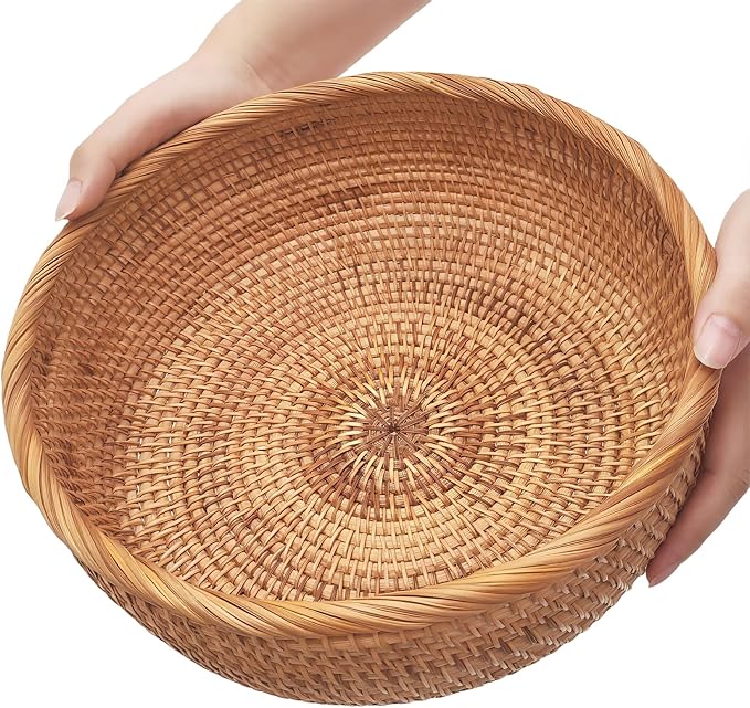 10.2" Large Rattan Wicker Bread Basket, Fruit Basket for Kitchen Counter | Handwoven Natural Food Baskets, Well-Made & Sturdy Bread Baskets for Serving, Versatile for Fruit, Vegetable & More (Round)