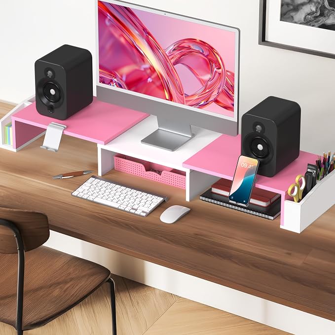 Simple Houseware Desk Dual Monitor Stand Riser with Drawer, Pink | Customizable Organizer Tray, Built-In Phone & Tablet Slot and Side Storage