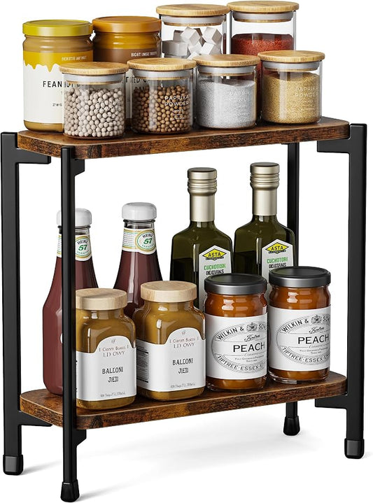 pickpiff 2 Tier Spice Rack Organizer for Kitchen Countertop, Wood and Metal Seasoning Shelf, Space-Saving Spice Organizer for Kitchen Counter, Coffee Bar and Dining Table, Brown