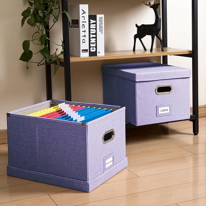 File Organizer Box - Set of 4 Collapsible Decorative Linen Filing Storage Hanging File Folders with Lids Office Cabinet Letter/Legal Size Purple 17.1x14x11.1 inch