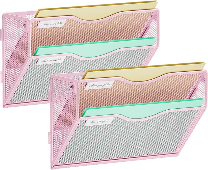 Marbrasse Wall File Holder 2-Tier Hanging Wall File Organizer, Mesh Mail Holder for Papers, Wall Mount File Clipboard & Magazine Organizer Great for Office Home - 2P(Pink)