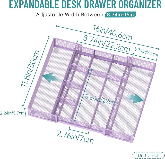 Expandable Desk Drawer Organizer, 10 Adjustable Compartment, Purple | Metal mesh drawer organizer tray with 5 removable dividers, expands from 8.74 to 16 in for office supplies, makeup or tools