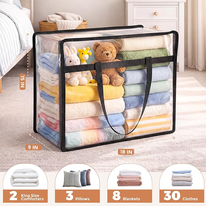 6 Pack Clear Storage Bags for Clothes, 40L Closet Organizers and Storage | Plastic storage with zipper and handle, moving bags, under-bed storage, closet organizer for blankets, comforters, toys