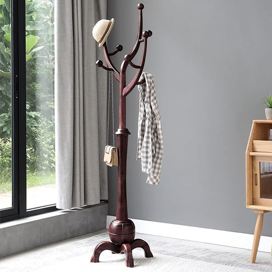 Bekrvio Freestanding Wood Coat Rack with Stable Sphere Base, Wine Red | 8 Hooks Tree Branch Design, Heavy Duty Standing Coat Hanger for Entryway, Hallway, Bedroom, Foyer; Hangs Coats, Hats, Bags