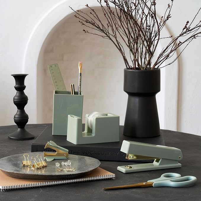 Aesthetic Desk Accessories Set - A Complete Desktop Organizer Set For Women Enhances Any Office Decor - An Office Supplies Kit w Gold Finish incl. Pen Holder, Scissors, Stapler, Tape Dispenser & More