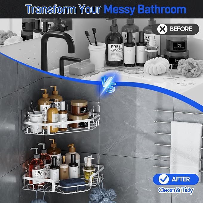 Corner Shower Caddy, Rustproof Shower Organizer with Soap Holder and 8 Hooks, No Drilling Adhesive Shower Shelves for Inside Shower, Large Capacity Shower Rack for Bathroom Shower Storage, White