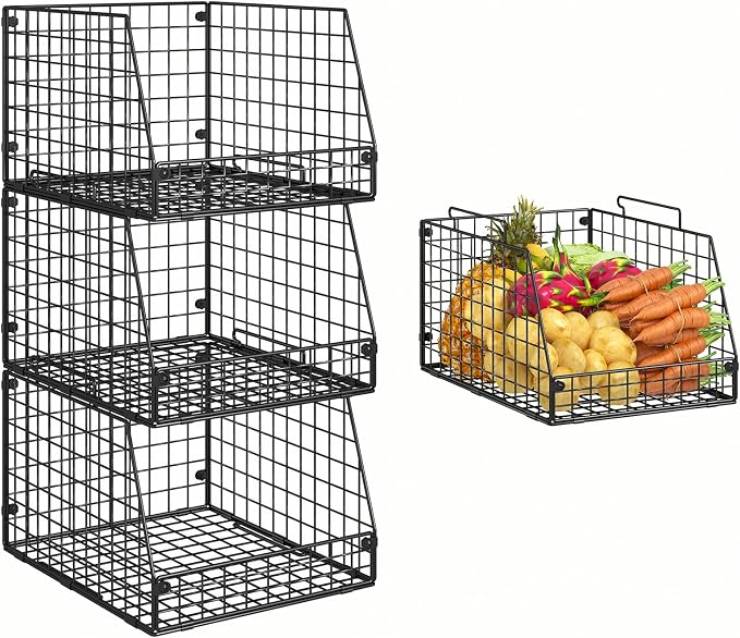 Jakyitvi 3 Pack XXL Stackable Wire Baskets, Large Storage Bins for Onion, Potato, Vegetable, Fruit, Snack, Pantry Baskets for Kitchen Cabinet Countertop, Pantry Organizers and Storage Solutions