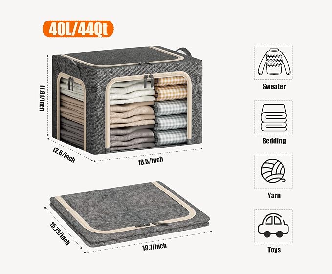 3 Openings Clothes Storage Bins with Metal Frame, Foldable Storage Bin for Clothes, Clothing Storage Bins with Lid, Linen Storage Box With Clear Window＆ Zippers＆ Durable Handles.(3 Pcs,Dark Grey,40L)