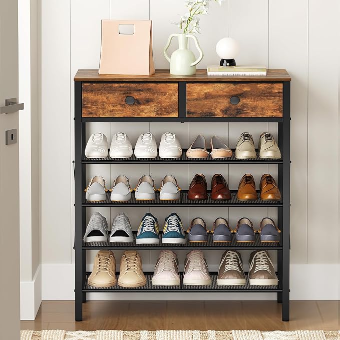 5 Tier Shoe Rack, Large Capacity Shoe Storage Organizer, Metal Shoe Shelf with Drawer and Wooden Top, for 20 Pairs of Shoes, for Entryway, Closet, Rustic Brown and Black SS25BRY1N1