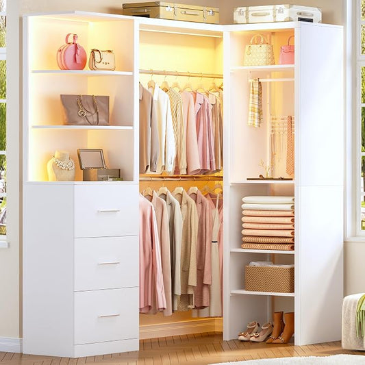 HUAHUU Large Corner Closet System with 3 Drawers and 6 Shelves, 77'' Reversible Closet Organizer System with LED Lights & 8 Jewelry Hooks, White Walk-in Closet with 3 Hanging Rods, L Shaped/Straight
