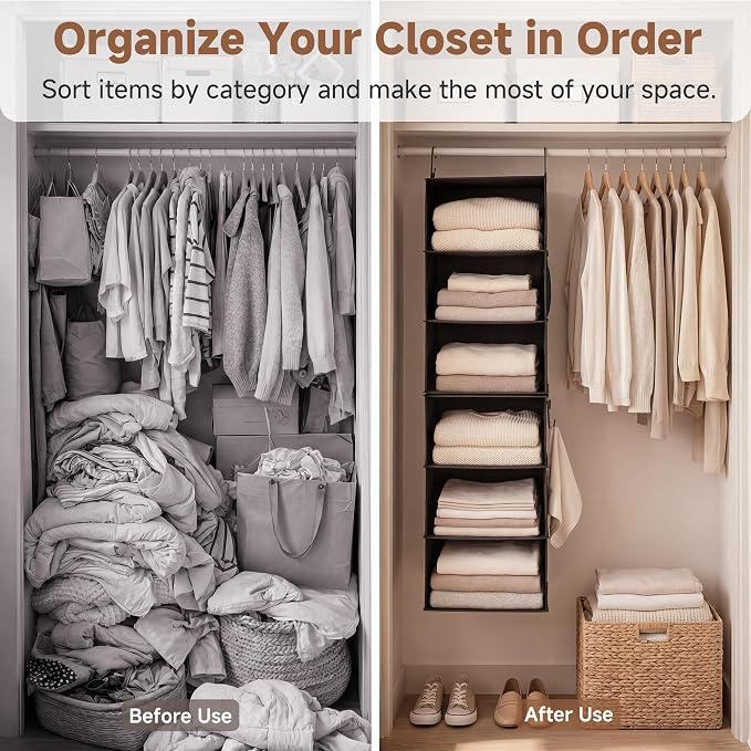StorageWorks Hanging Closet Organizer 6-Shelf, Separable Two 3 Shelf Closet Storage Organizer with Side Pockets, Portable Hanging Shelves for Clothes, Sweater,12 1⁄2" D x 12 1⁄2" W x 47 ¼"H, Black